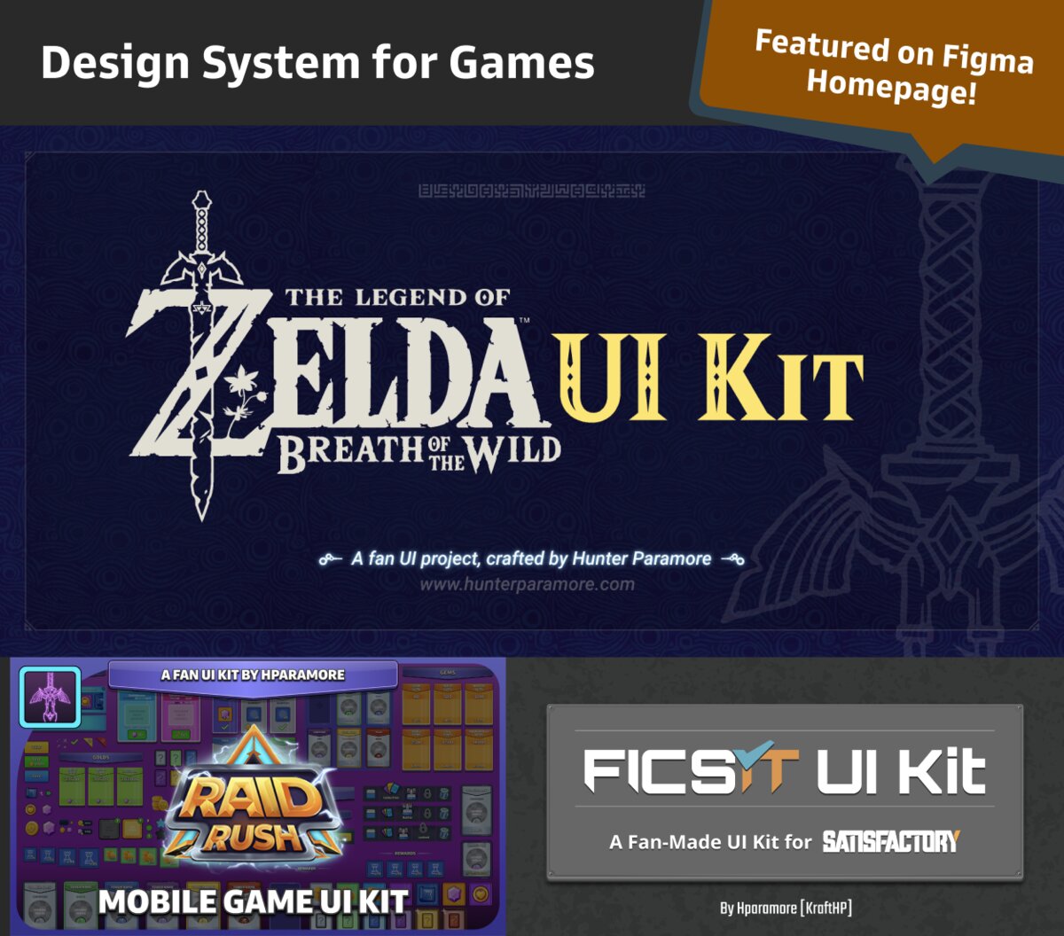 Game design systems, Zelda: Breath of the Wild, Satisfactory (FICSIT), and Raid Rush UI kits