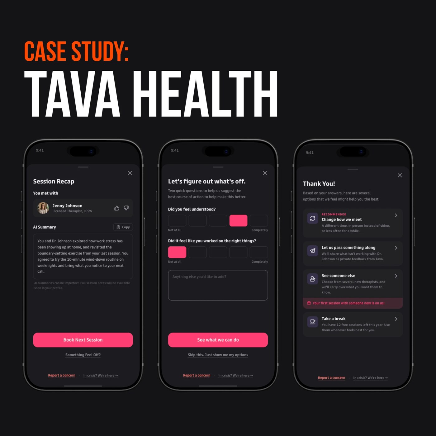 Tava Health case study — the post-session check-in screens